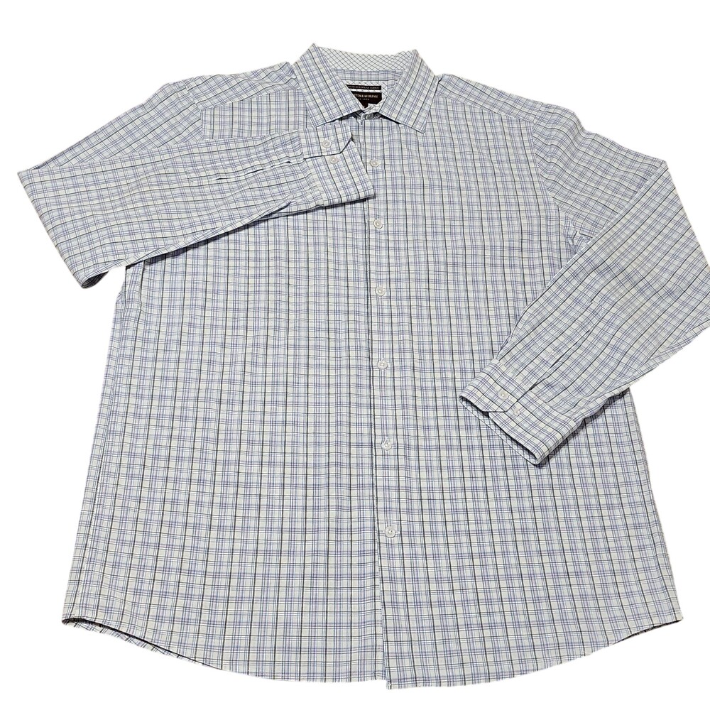 Johnston & Murphy Shirt Mens Large White Blue Check Cotton Linen Long Sleeve
